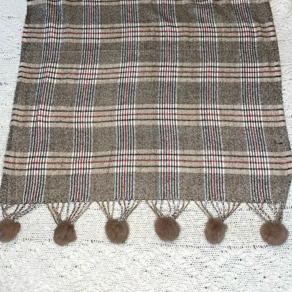 Cashmere Scarf  Fur Pom Poms Brown Plaid Women's - S Brand